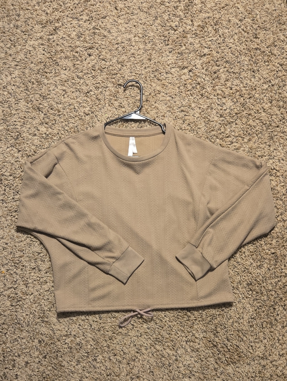 Relaxed Drawstring Hem Long-Sleeve Top - Beige